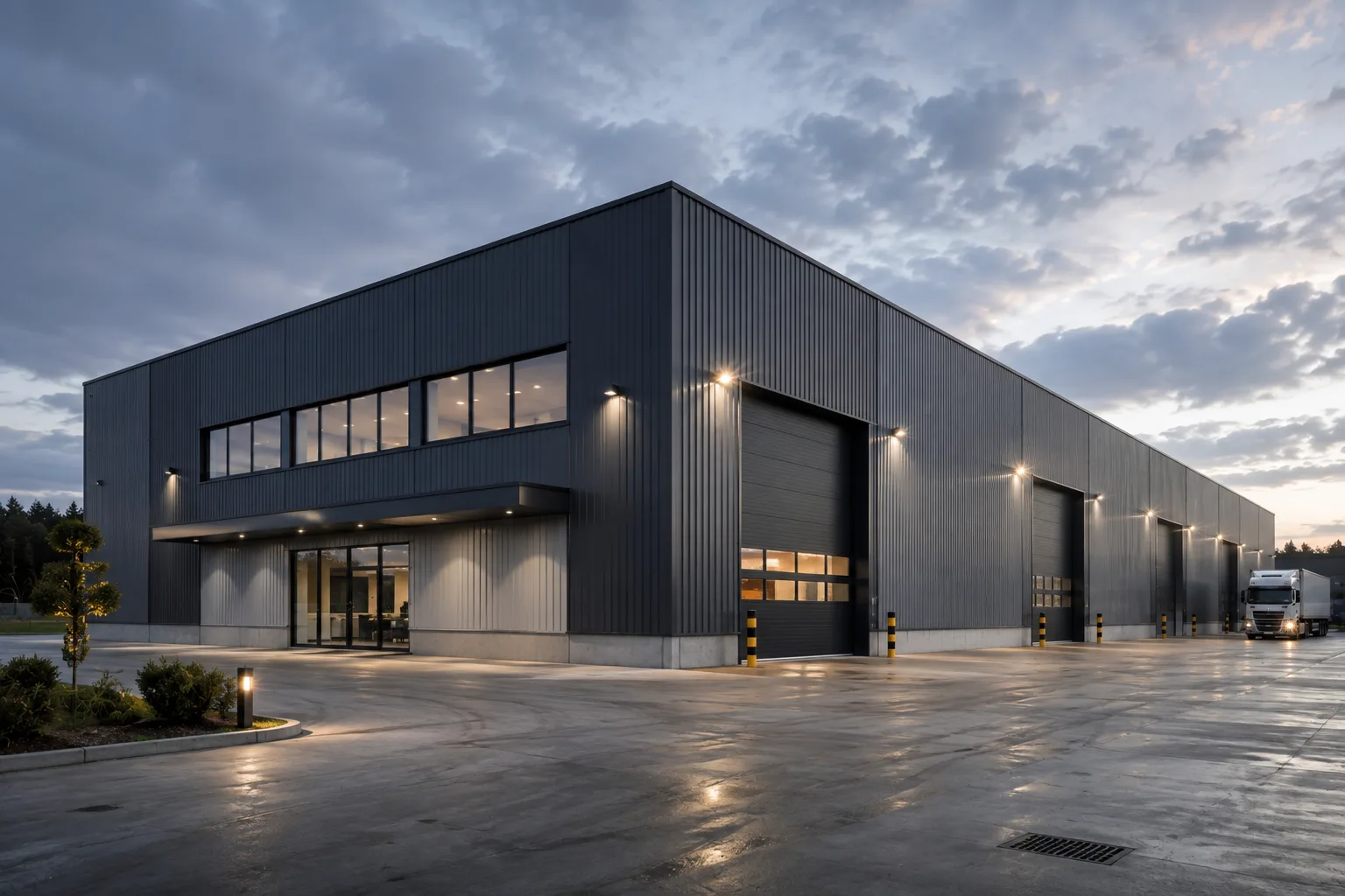 Industrijska hala u LGSF sistemu — eksterijer sa utovarnim rampama u sumrak